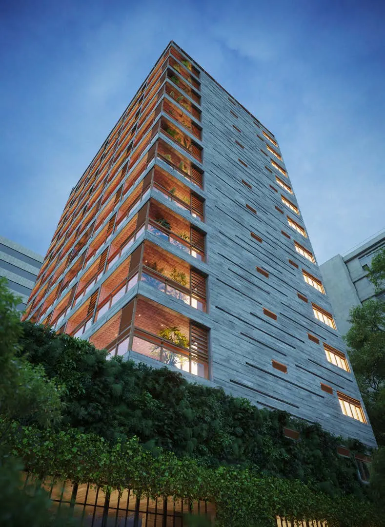 Torre do MO.dO Design Living Botafogo ao entardecer, com brises e jardins na fachada