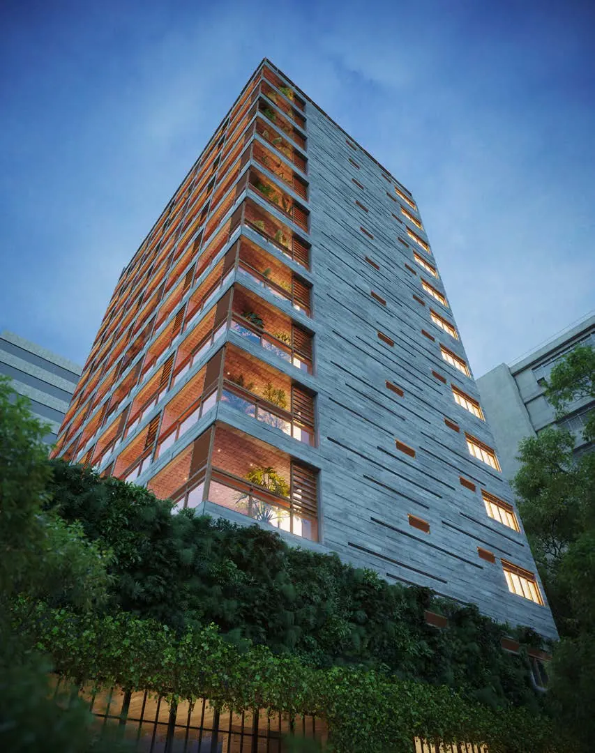 Torre do MO.dO Design Living Botafogo vista de baixo, com fachada de concreto, tijolo e brises