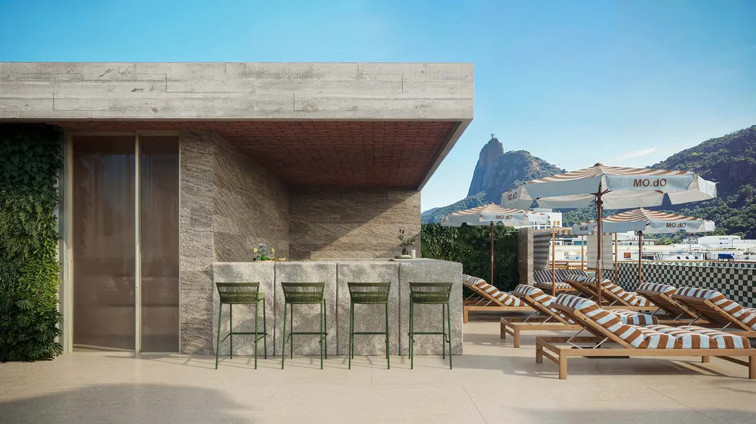 Bar gourmet e churrasqueira do rooftop do MO.dO Design Living Botafogo
