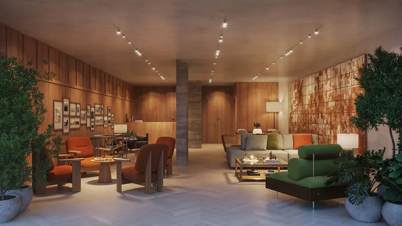 Lobby do MO.dO Design Living Botafogo com lounge, madeira natural e sofás em verde oliva