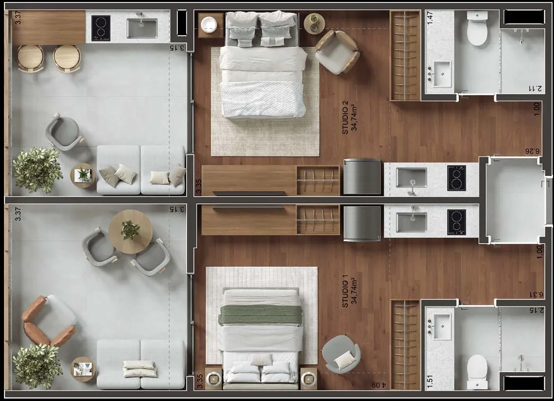 Planta da unidade com 2 studios do MO.dO Design Living Botafogo, finais 02 e 03