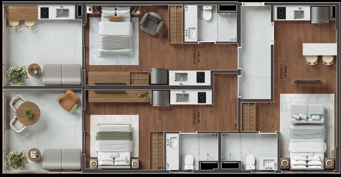 Planta da unidade com 3 studios do MO.dO Design Living Botafogo, final 01
