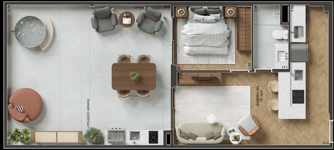 Planta de garden de sala, quarto e serviço do MO.dO Design Living Botafogo