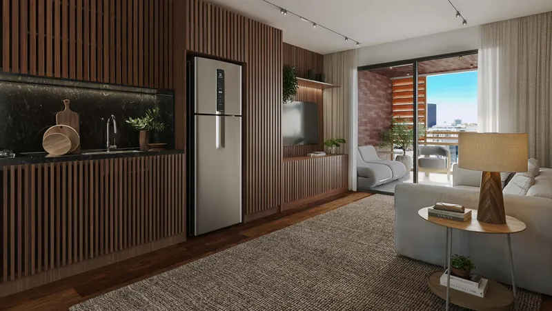 Cozinha integrada de unidade do MO.dO Design Living Botafogo com ripado de madeira
